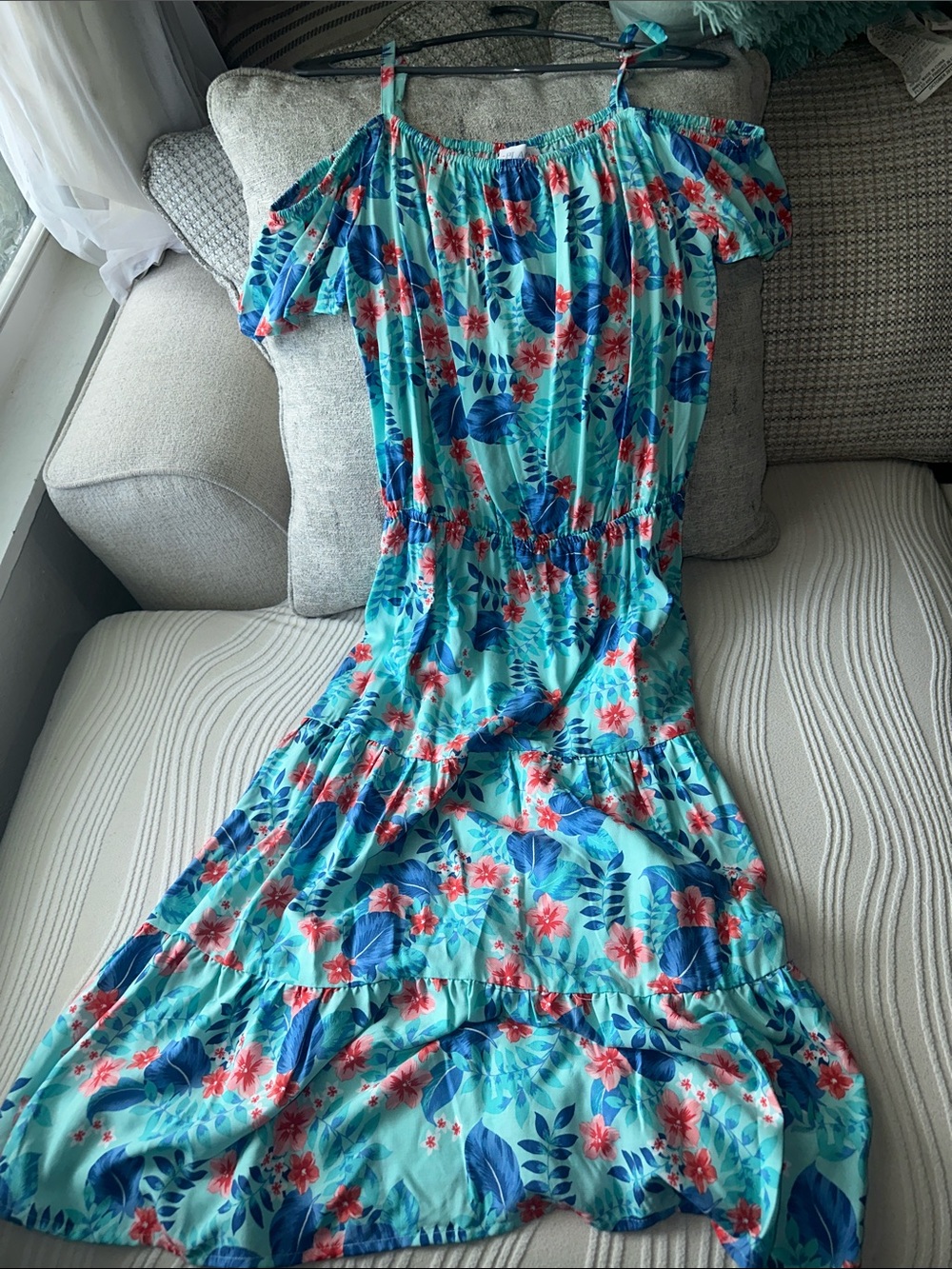 The Children's Place Aqua Floral Off-Shoulder Tiered Dress